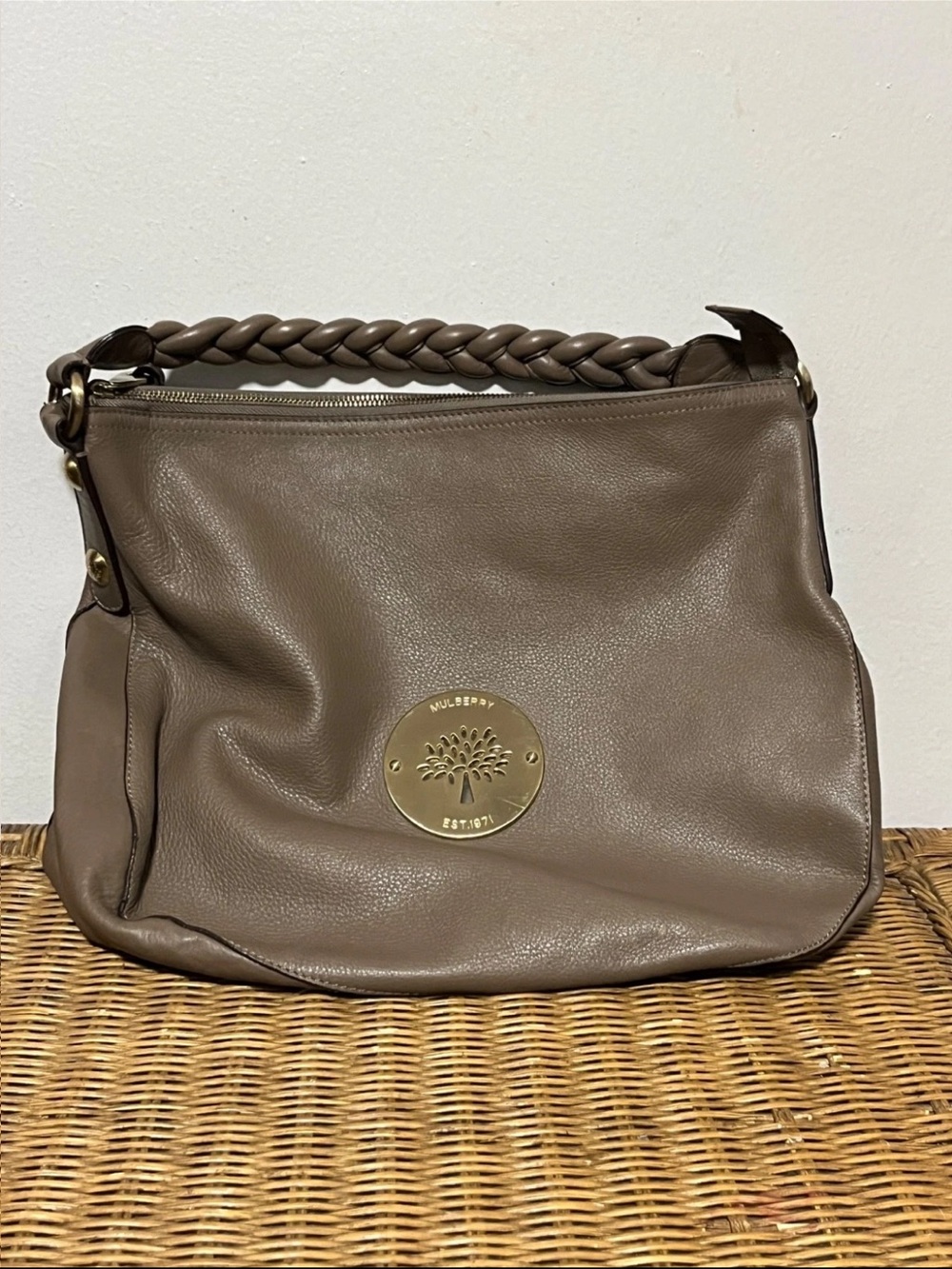 Mulberry Taupe-Brown Braided Handle Hobo